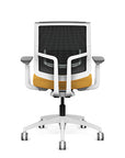 Back view of the Medback SitonIt Focus 2.0 Ergonomic Desk Chair in a black mesh,  white frame, gold fabric seat. Kansas City Office Design