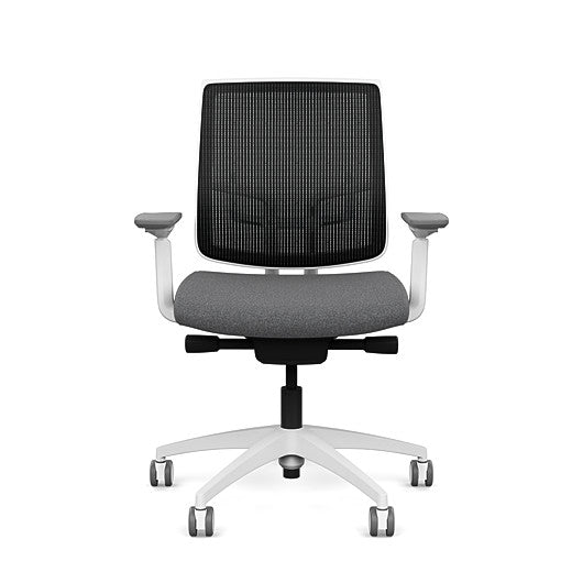 Front view of the Medback SitonIt Focus 2.0 Ergonomic Desk Chair in a black mesh,  white frame, gray fabric seat. Kansas City Office Design