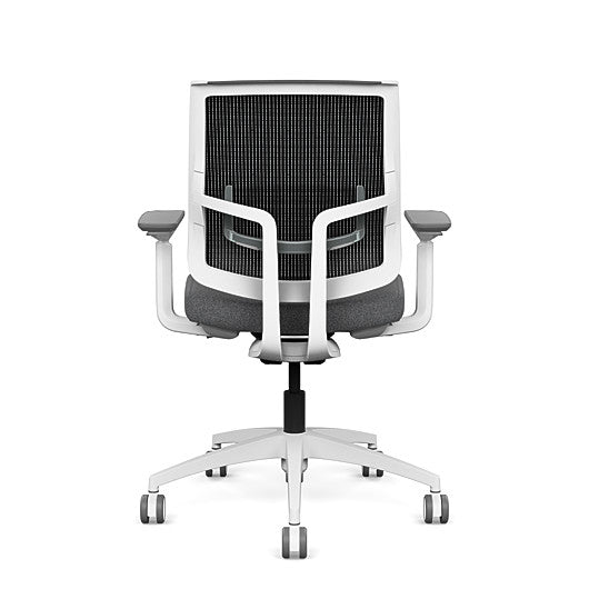 Back view of the Medback SitonIt Focus 2.0 Ergonomic Desk Chair in a black mesh,  white frame, gray fabric seat. Kansas City Office Design