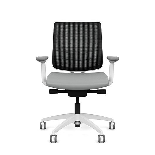 Front view of the Medback SitonIt Focus 2.0 Ergonomic Desk Chair in a black mesh,  white frame, platinum vinyl fabric seat. Kansas City Office Design