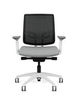Front view of the Medback SitonIt Focus 2.0 Ergonomic Desk Chair in a black mesh,  white frame, platinum vinyl fabric seat. Kansas City Office Design