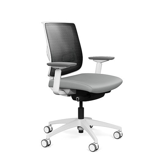 Side view of the Medback SitonIt Focus 2.0 Ergonomic Desk Chair in a black mesh,  white frame, platinum vinyl fabric seat. Kansas City Office Design
