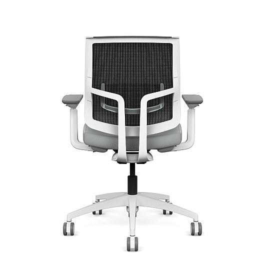 Back view of the Medback SitonIt Focus 2.0 Ergonomic Desk Chair in a black mesh,  white frame, platinum vinyl fabric seat. Kansas City Office Design