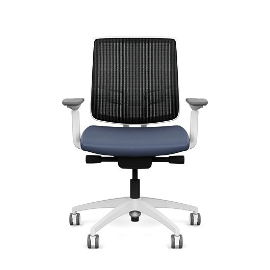 Front view of the Medback SitonIt Focus 2.0 Ergonomic Desk Chair in a black mesh,  white frame, sapphire vinyl fabric seat. Kansas City Office Design