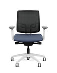 Front view of the Medback SitonIt Focus 2.0 Ergonomic Desk Chair in a black mesh,  white frame, sapphire vinyl fabric seat. Kansas City Office Design