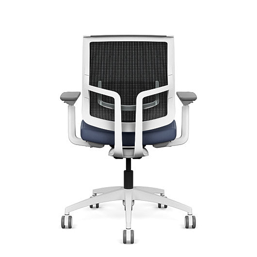Back view of the Medback SitonIt Focus 2.0 Ergonomic Desk Chair in a black mesh,  white frame, sapphire vinyl fabric seat. Kansas City Office Design