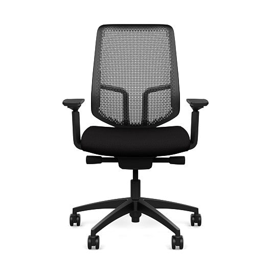 Front view of the Highback SitonIt Focus 2.0 Ergonomic Desk Chair in a black Polymer back, black frame, black fabric seat. Kansas City Office Design