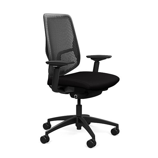 Side view of the Highback SitonIt Focus 2.0 Ergonomic Desk Chair in a black Polymer back, black frame, black fabric seat. Kansas City Office Design