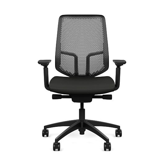 Front view of the Highback SitonIt Focus 2.0 Ergonomic Desk Chair in a black Polymer back, black frame, black vinyl fabric seat. Kansas City Office Design
