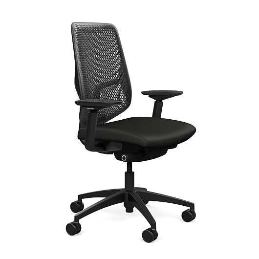 Side view of the Highback SitonIt Focus 2.0 Ergonomic Desk Chair in a black Polymer back, black frame, black vinyl fabric seat. Kansas City Office Design