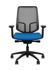 Front view of the Highback SitonIt Focus 2.0 Ergonomic Desk Chair in a black Polymer back, black frame, blue fabric seat. Kansas City Office Design