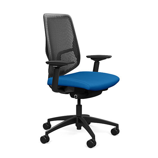 Side view of the Highback SitonIt Focus 2.0 Ergonomic Desk Chair in a black Polymer back, black frame, blue fabric seat. Kansas City Office Design