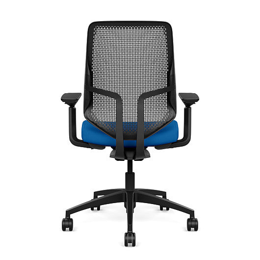 Back view of the Highback SitonIt Focus 2.0 Ergonomic Desk Chair in a black Polymer back, black frame, blue fabric seat. Kansas City Office Design