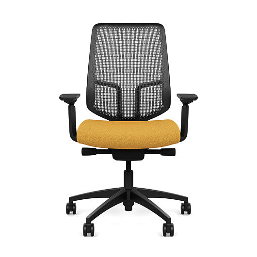 Front view of the Highback SitonIt Focus 2.0 Ergonomic Desk Chair in a black Polymer back, black frame, gold fabric seat. Kansas City Office Design