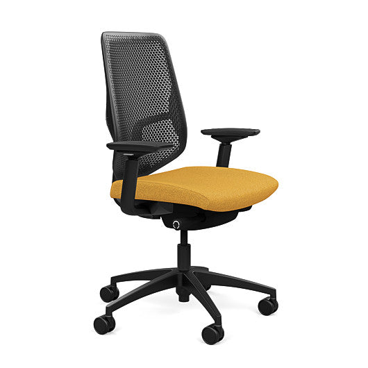 Side view of the Highback SitonIt Focus 2.0 Ergonomic Desk Chair in a black Polymer back, black frame, gold fabric seat. Kansas City Office Design