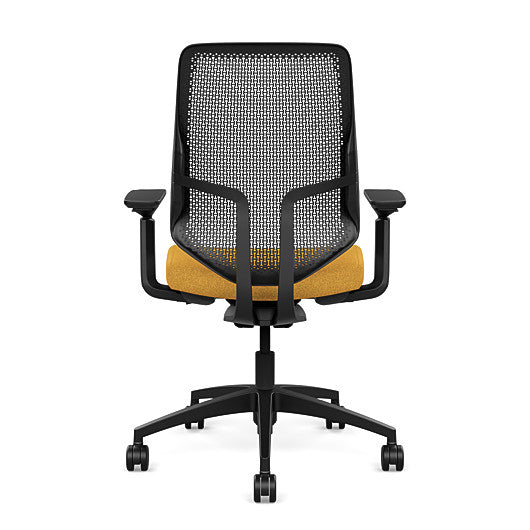 Back view of the Highback SitonIt Focus 2.0 Ergonomic Desk Chair in a black Polymer back, black frame, gold fabric seat. Kansas City Office Design