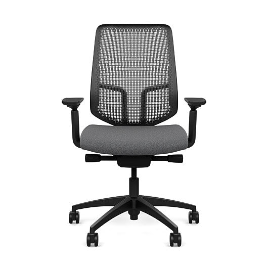 Front view of the Highback SitonIt Focus 2.0 Ergonomic Desk Chair in a black Polymer back, black frame, gray fabric seat. Kansas City Office Design