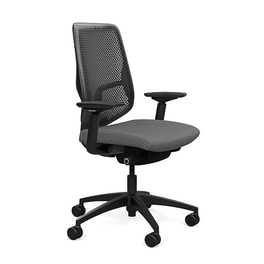 Side view of the Highback SitonIt Focus 2.0 Ergonomic Desk Chair in a black Polymer back, black frame, gray fabric seat. Kansas City Office Design