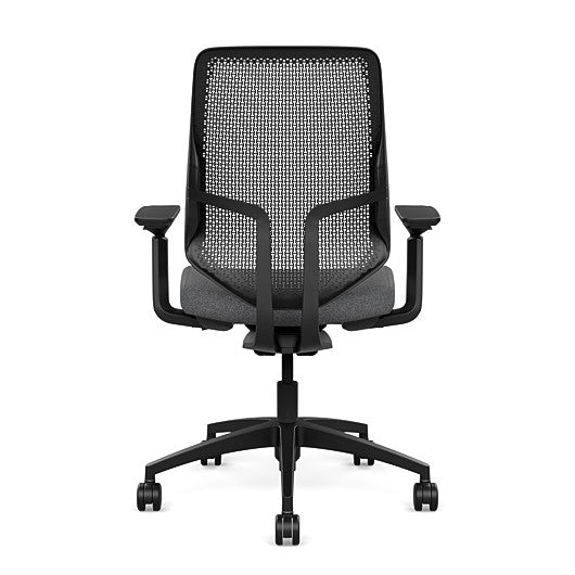 Back view of the Highback SitonIt Focus 2.0 Ergonomic Desk Chair in a black Polymer back, black frame, gray fabric seat. Kansas City Office Design