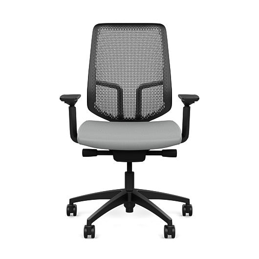 Front view of the Highback SitonIt Focus 2.0 Ergonomic Desk Chair in a black Polymer back, black frame, platinum vinyl fabric seat. Kansas City Office Design