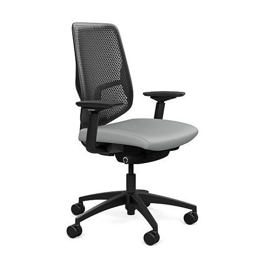 Side view of the Highback SitonIt Focus 2.0 Ergonomic Desk Chair in a black Polymer back, black frame, platinum vinyl fabric seat. Kansas City Office Design
