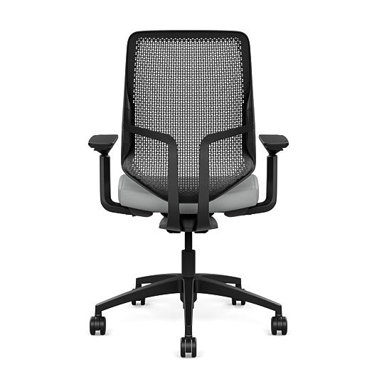 Back view of the Highback SitonIt Focus 2.0 Ergonomic Desk Chair in a black Polymer back, black frame, platinum vinyl fabric seat. Kansas City Office Design
