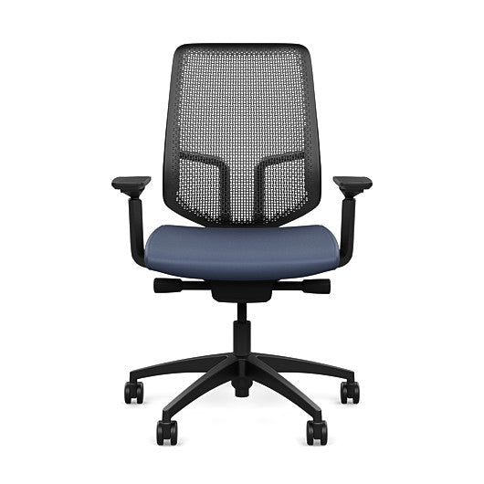 Front view of the Highback SitonIt Focus 2.0 Ergonomic Desk Chair in a black Polymer back, black frame, sapphire vinyl fabric seat. Kansas City Office Design