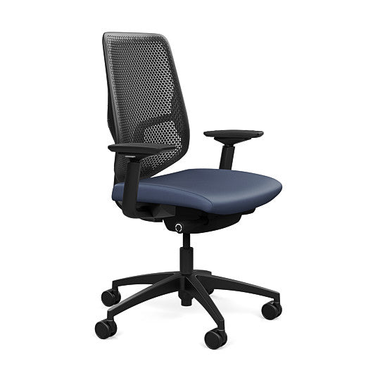 Side view of the Highback SitonIt Focus 2.0 Ergonomic Desk Chair in a black Polymer back, black frame, sapphire vinyl fabric seat. Kansas City Office Design