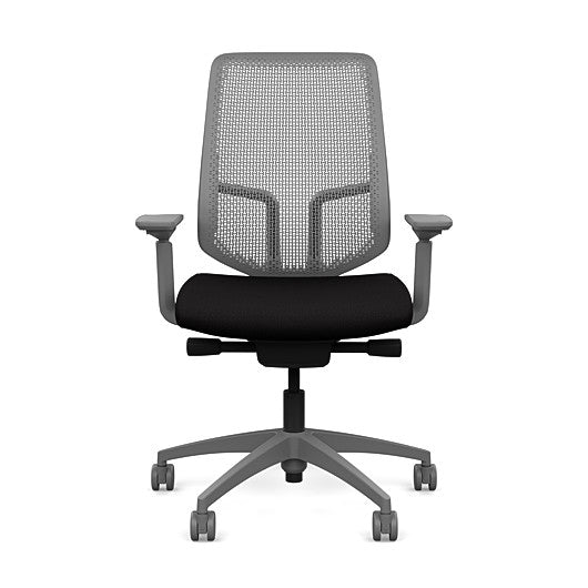 Front view of the Highback SitonIt Focus 2.0 Ergonomic Desk Chair in a fog Polymer back, fog frame, black fabric seat. Kansas City Office Design