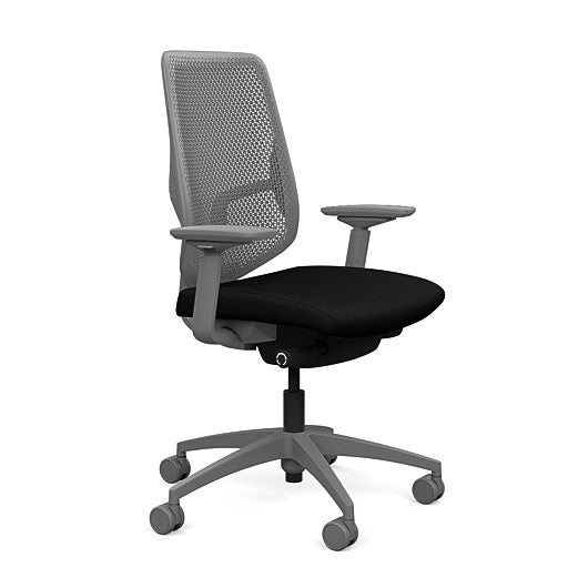 Side view of the Highback SitonIt Focus 2.0 Ergonomic Desk Chair in a fog Polymer back, fog frame, black fabric seat. Kansas City Office Design