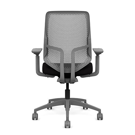 Back view of the Highback SitonIt Focus 2.0 Ergonomic Desk Chair in a fog Polymer back, fog frame, black fabric seat. Kansas City Office Design