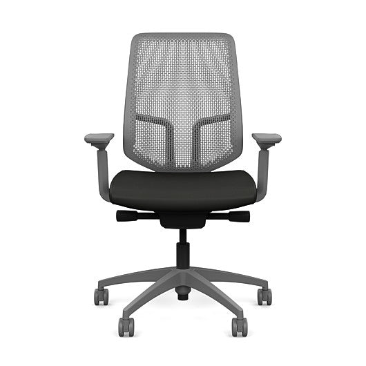 Front view of the Highback SitonIt Focus 2.0 Ergonomic Desk Chair in a fog Polymer back, fog frame, black vinyl fabric seat. Kansas City Office Design