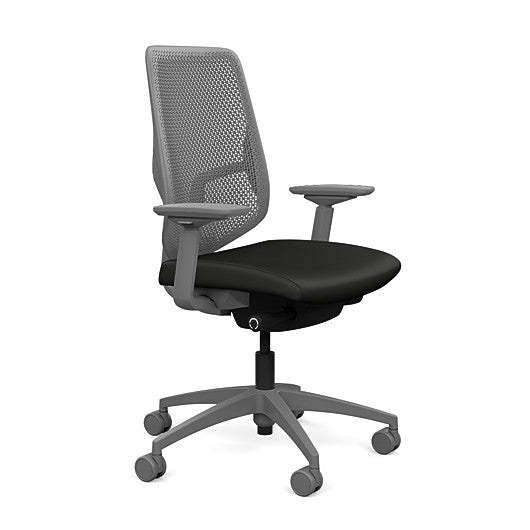 Side view of the Highback SitonIt Focus 2.0 Ergonomic Desk Chair in a fog Polymer back, fog frame, black vinyl fabric seat. Kansas City Office Design