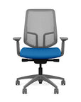 Front view of the Highback SitonIt Focus 2.0 Ergonomic Desk Chair in a fog Polymer back, fog frame, blue fabric seat. Kansas City Office Design