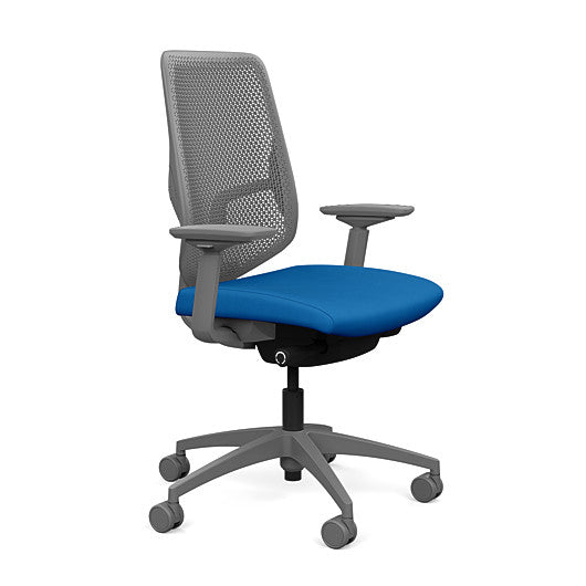 Side view of the Highback SitonIt Focus 2.0 Ergonomic Desk Chair in a fog Polymer back, fog frame, blue fabric seat. Kansas City Office Design