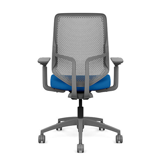 Back view of the Highback SitonIt Focus 2.0 Ergonomic Desk Chair in a fog Polymer back, fog frame, blue fabric seat. Kansas City Office Design