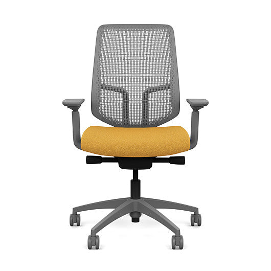 Front view of the Highback SitonIt Focus 2.0 Ergonomic Desk Chair in a fog Polymer back, fog frame, gold fabric seat. Kansas City Office Design