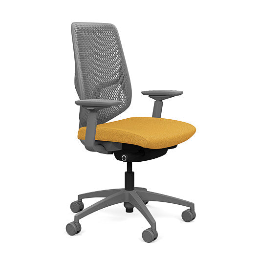 Side view of the Highback SitonIt Focus 2.0 Ergonomic Desk Chair in a fog Polymer back, fog frame, gold fabric seat. Kansas City Office Design