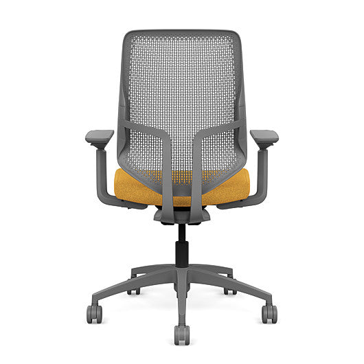 Back view of the Highback SitonIt Focus 2.0 Ergonomic Desk Chair in a fog Polymer back, fog frame, gold fabric seat. Kansas City Office Design