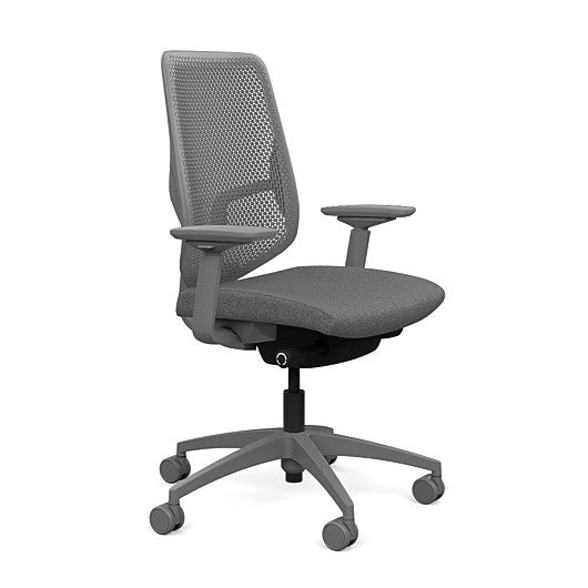 Side view of the Highback SitonIt Focus 2.0 Ergonomic Desk Chair in a fog Polymer back, fog frame, gray fabric seat. Kansas City Office Design