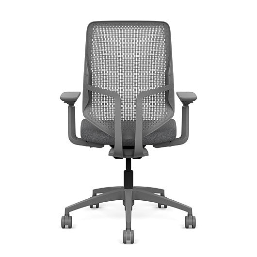 Back view of the Highback SitonIt Focus 2.0 Ergonomic Desk Chair in a fog Polymer back, fog frame, gray fabric seat. Kansas City Office Design