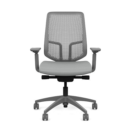 Front view of the Highback SitonIt Focus 2.0 Ergonomic Desk Chair in a fog Polymer back, fog frame, platinum vinyl fabric seat. Kansas City Office Design