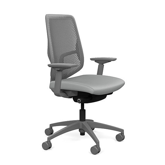 Side view of the Highback SitonIt Focus 2.0 Ergonomic Desk Chair in a fog Polymer back, fog frame, platinum vinyl fabric seat. Kansas City Office Design