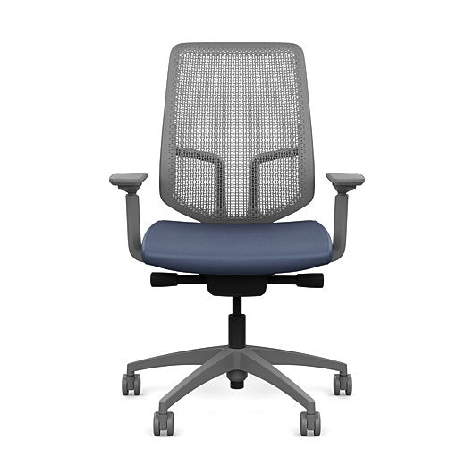 Front view of the Highback SitonIt Focus 2.0 Ergonomic Desk Chair in a fog Polymer back, fog frame, sapphire vinyl fabric seat. Kansas City Office Design