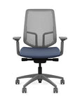 Front view of the Highback SitonIt Focus 2.0 Ergonomic Desk Chair in a fog Polymer back, fog frame, sapphire vinyl fabric seat. Kansas City Office Design