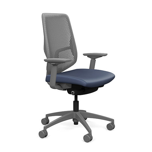Side view of the Highback SitonIt Focus 2.0 Ergonomic Desk Chair in a fog Polymer back, fog frame, sapphire vinyl fabric seat. Kansas City Office Design