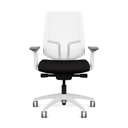 Front view of the Highback SitonIt Focus 2.0 Ergonomic Desk Chair in a white Polymer back, white frame, black fabric seat. Kansas City Office Design