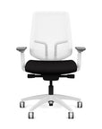 Front view of the Highback SitonIt Focus 2.0 Ergonomic Desk Chair in a white Polymer back, white frame, black fabric seat. Kansas City Office Design