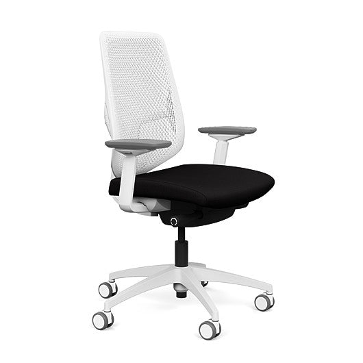 Side view of the Highback SitonIt Focus 2.0 Ergonomic Desk Chair in a white Polymer back, white frame, black fabric seat. Kansas City Office Design