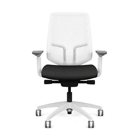 Front view of the Highback SitonIt Focus 2.0 Ergonomic Desk Chair in a white Polymer back, white frame, black vinyl fabric seat. Kansas City Office Design